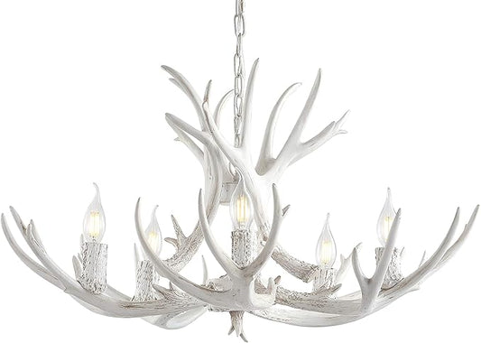 JONATHAN Y 26" White Rustic Resin Antler 4-Light LED Chandelier, Farmhouse Faux Deer Horn Hanging Ceiling Light for Dining Room, Kitchen Island, Adjustable Light Fixture (JYL6300B)