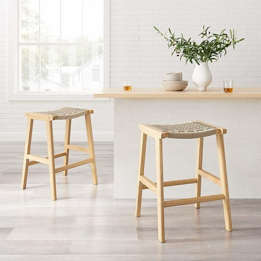 Modway Saoirse Woven Rope Wood Counter Stool - Set of 2 in Natural Natural