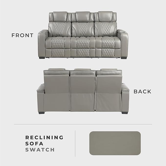 Lexicon Power Double Reclining Sofa, Center Drop-Down Table with Heat/Massage/Headrest/Storage Arms/Cup Holders/LED Lights/Wireless Charging, Top Grain Leather Match Wall Hugger Recliner Sofa, Grey
