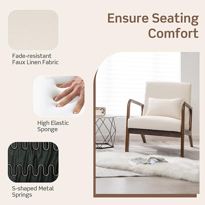 Giantex Modern Accent Chair with Pillow - Comfy Upholstered Lounge Armchair with Anti-Slip Felt Pads, Wooden Frame Soft Padded Arm Chairs for Living Room, Bedroom, Study, Beige