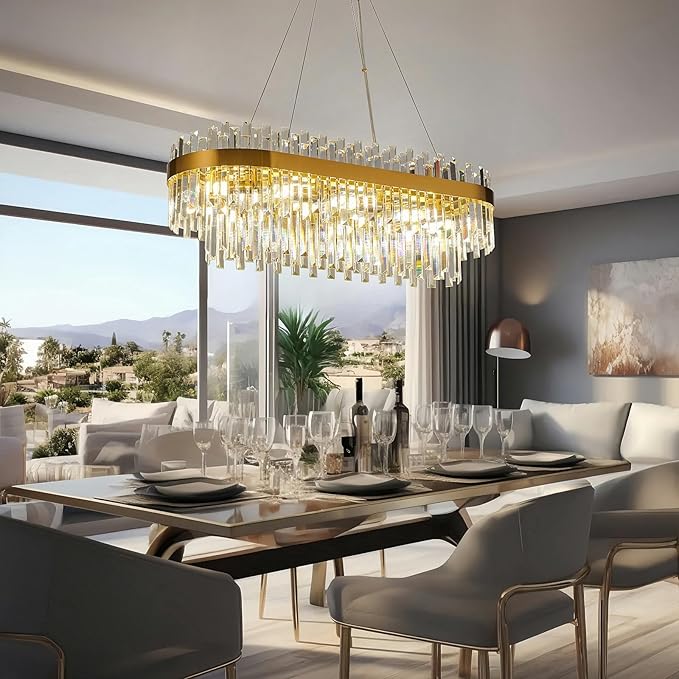 Gold Crystal Chandelier for Dining Room, 35.4" Modern Luxury 2-Tier K9 Crystal Oval Chandelier, 10-Light E12 Base Pendant Light, Height Adjustable for Kitchen Island Living Room Light Fixture