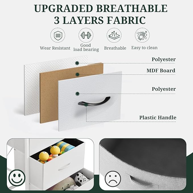 9-Drawer Dresser for Bedroom, Anti-Tip Tall Storage Organizer Chest of Drawers with Wooden Top and Metal Frame Fabric Bins for Closet, Living Room, Hallway, Entryway, White