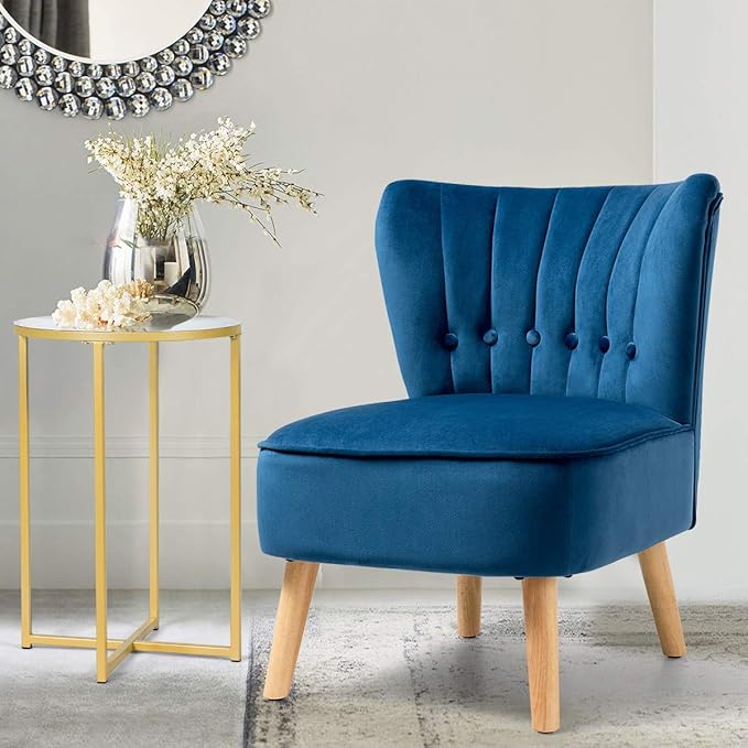 Giantex Modern Velvet Accent Chair, Small Upholstered Leisure Sofa Chair w/Wood Legs, Thickly Padded and Button Tufted, Armless Wingback Club Chairs for Living Room Bedroom Furniture (1, Blue)