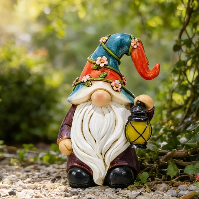 Garden Gnomes Statues with Solar LED Light - Mini 4.9 inch Gnome Sculptures for Porch Balcony Patio Yard Lawn Balcony Home Decor Mother's Day Birthday Gifts for Women