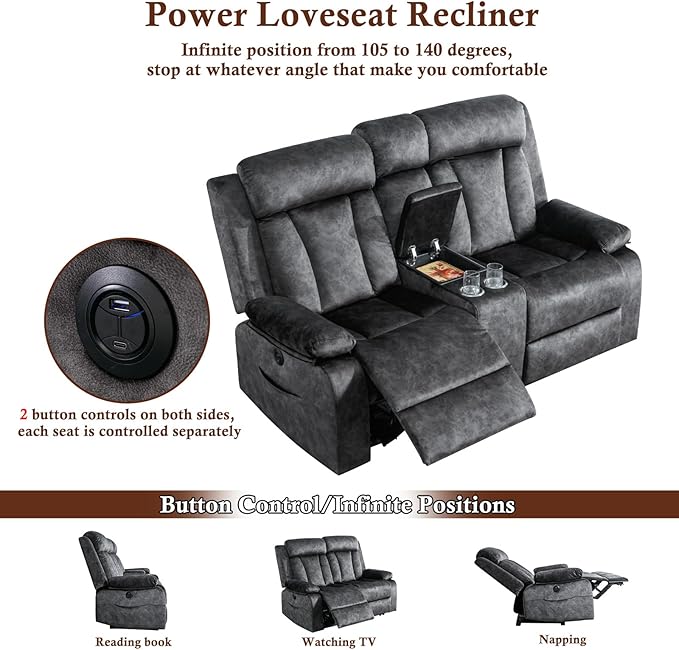 GUEAPY Power Reclining Loveseat with Heat & Massage,2 Seat Reclining Sofa with Console, Cup Holders, USB & Type-C Ports, Comfort Reclining Couch for Living Room Furniture Set, RV Loveseat Couch