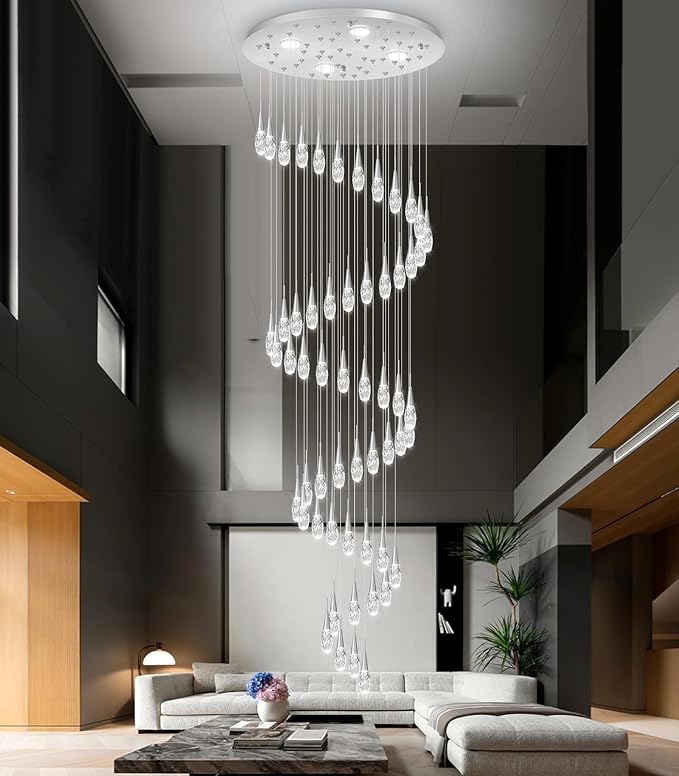 56-Lights 20 Feet Large Modern Chandelier LED Light Fixtures High Ceiling Long Light Chandelier for Entrance Foyer Dimmable Lights with Remote Living Room Ceiling Pendant Lighting Shine Silver