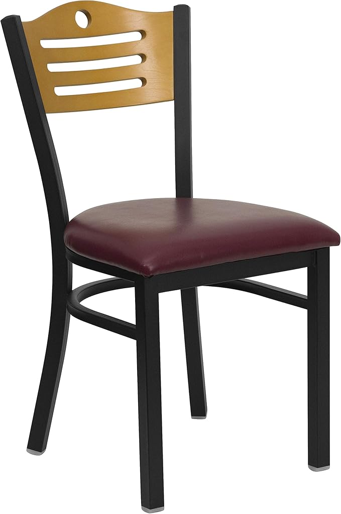 Flash Furniture 2 Pk. HERCULES Series Black Slat Back Metal Restaurant Chair - Natural Wood Back, Burgundy Vinyl Seat