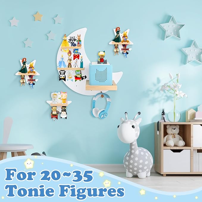 Moon + Stars for Toniebox 1/2 Tonies Figures Organizer Storage Shelf Wall Mounted, Magnetic Floating Shelves for Toniebox Player, Characters, Earphones, Display Collection 20~30 Characters (White)