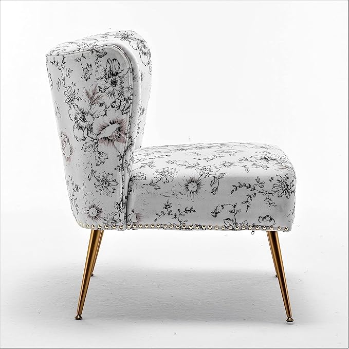 Thia Armless Accent Chair for Living Room, Elegant Seat with Nailhead Trim, Gold Metal Legs and Comfortable Curved Back, 28" D x 25" W x 29.5" H, 04 Floral Print