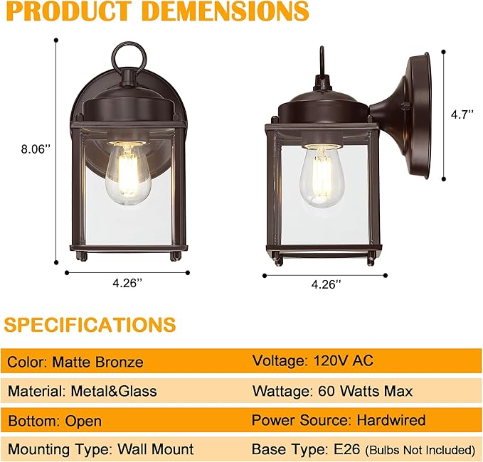 Outdoor Light Fixtures Wall Mount, Exterior Front Porch Light, Waterproof Wall Lantern, Sconces Lighting, Bronze Outdoor Wall Lights with Clear Glass Shade for House, 4-Pack