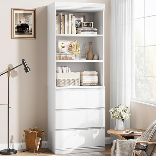 GarveeHome 70 in Bookcase with Drawers, Tall Bookshelf Farmhouse Bookcases Wooden Deep Bookshelves Storage Cabinet Organizer for Living Room, Study, Kitchen, Home Office