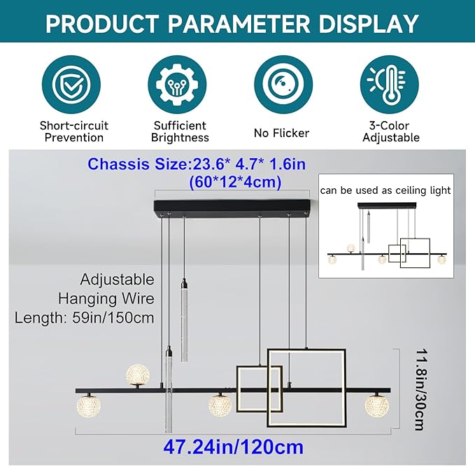 Modern LED Pendant Lights, 47in Dimmable Linear LED Chandelier Lighting, Square Black & Gold Dining Room Hanging Light Fixtures Kitchen Island Globe Pendant Light for Dining Table (4200lm)