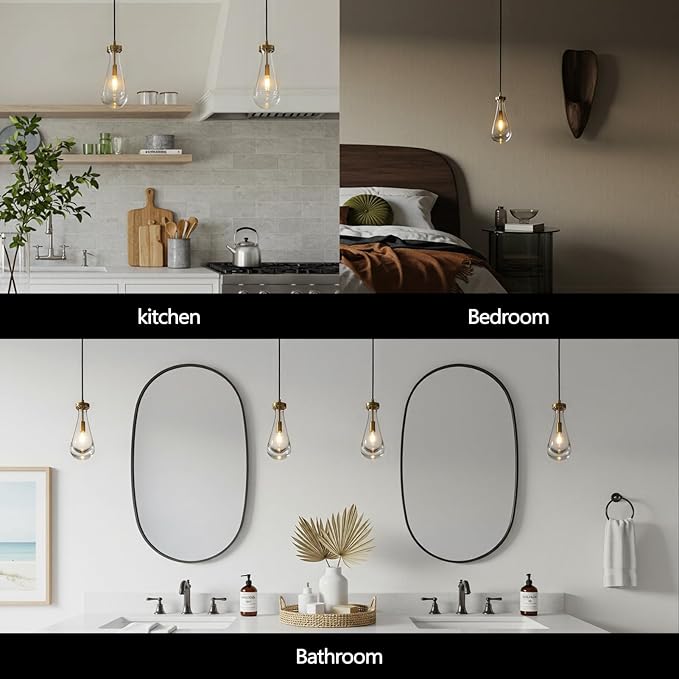 Raindrop Pendant Lights Kitchen Island Set of 3, Brass Teardrop Pendant Lights Dining Room Modern Gold Rain Pendants Glass Waterdrop Pendant Light for Island, Living Room,Included E12 Bulb