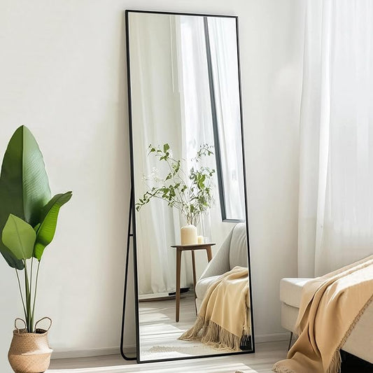 Floor Length Mirror, Wall Mirror Full Length with Aluminum Metal Frame, Floor Mirrors for Nursery, Baby Room, Bathroom, Entryway. (48x16 inch, Black)