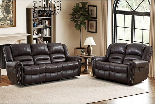 EBELLO Manual Recliner Sofa Set, Faux Leather Reclining Living Room Set, Included Loveseat Manual Recliner Sofa and 3 Seat Sofa, Vintage Rivet Mid-Century Design for Living Room, Dark Brown