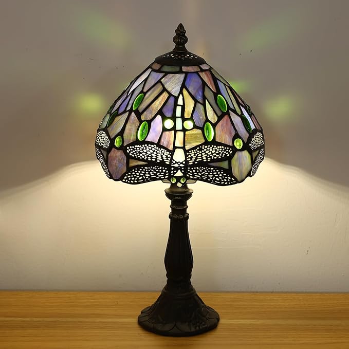Tiffany Small Table Lamp Blue Dragonfly Hand-Made Stained Glass Table Lamps for Bedroom 8.5X8.5X15 Inch Night Light Bedside Nightstand Home Office Desk Lamp W/ E12 LED Bulb
