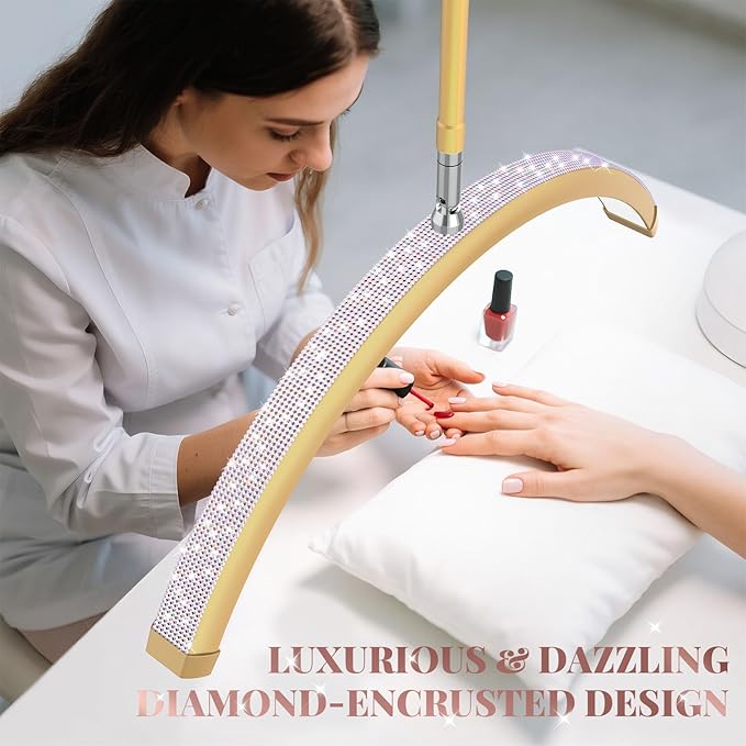 Bling Lash Light for Eyelash Tech, Flexible Neck Led Half Moon Light Floor Lamp for Extensions Tattoo Artists, Professional Shadow-Free Esthetician Light with Stand Tray, Crystal Diamond Gold