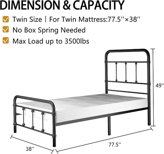 Twin-Bed-Frames with headboard for- Kids Giselle-Vintage Antique Metal - Platform Mattress Foundation,49 inch High,No Box Spring Needed(Black)