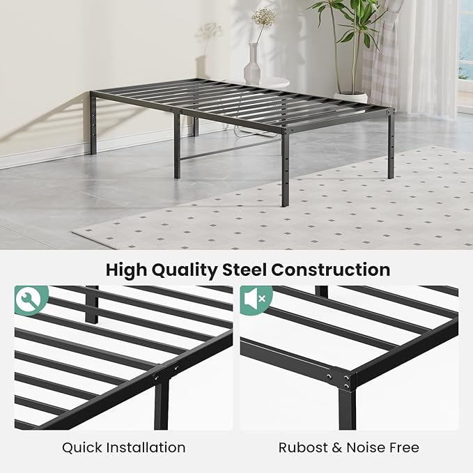 Sweetcrispy Twin XL Size 14 Inch Platform Bed Frame, Heavy Duty Metal Foundation Frame, Noise-Free Sturdy Steel Slats, Underbed Storage, No Box Spring Needed, Quick Setup