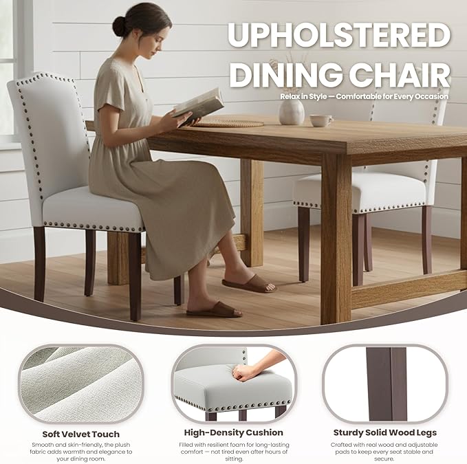 Dining Chairs Set of 6, Soft Comfortable Upholstered Parsons Dining Chairs with High-Density Cushion, Solid Wood Legs & Nailhead Trim, Ideal for Dining Room, Kitchen, Living Room – Beige