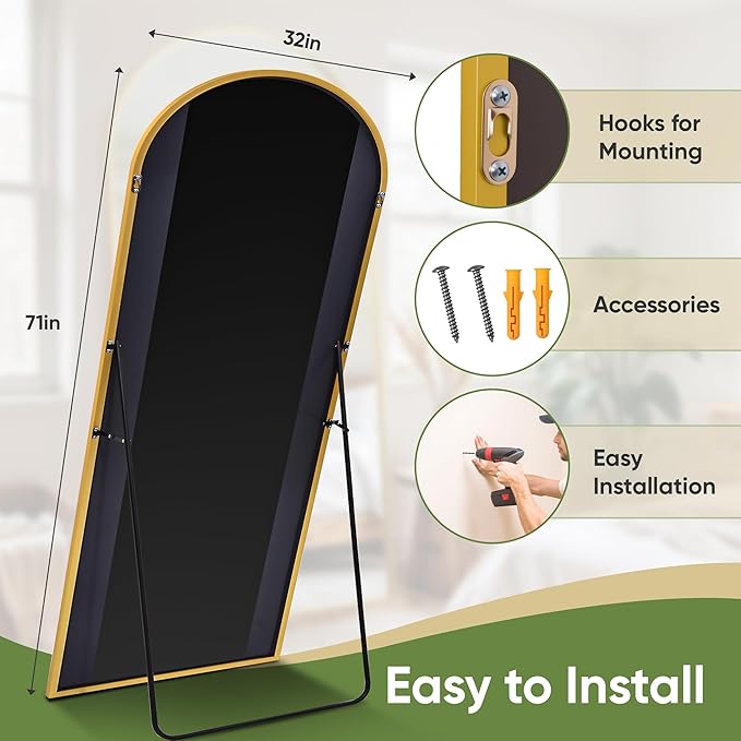Full Length Mirror, 71"x32" Arched Full Body Mirror, Floor Mirrors with Stand, Body Mirrors Standing Hanging Leaning Against Wall,Aluminum Frame Mirrors for Bedroom Cloakroom,Living Room,Gold