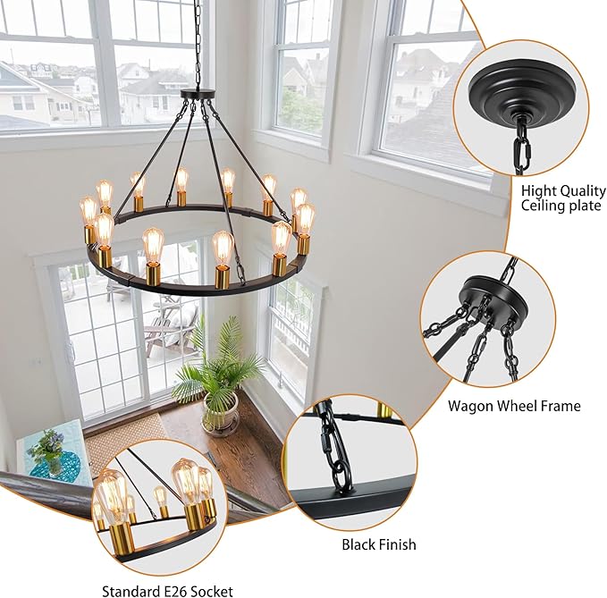 31.5“ 12 Light Wagon Wheel Chandelier Black Gold, Farmhouse Chandelier, Rustic Dining Room Light Fixture, Vintage Round Pendant Lighting for Kitchen Living Room Dining Room Foyer