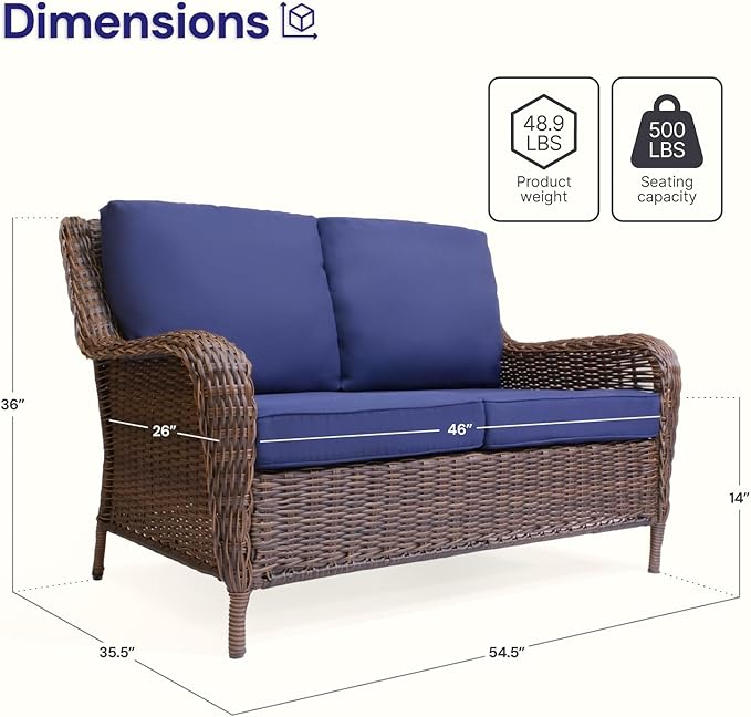 Cambridge Outdoor Wicker Loveseat Sofa: All-Weather HDPE Rattan Resin Furniture Patio Couch w/CushionGuard, Midnight Navy Blue