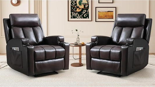 CANMOV Manual Massage Heat Recliner Chair Set of 2,Breathable Leather Recliner Chair with Armrest and Backrest, Manual Reclining Single Sofa with 2 Cup Holders, Side Pocket for Living Room,Dark Brown