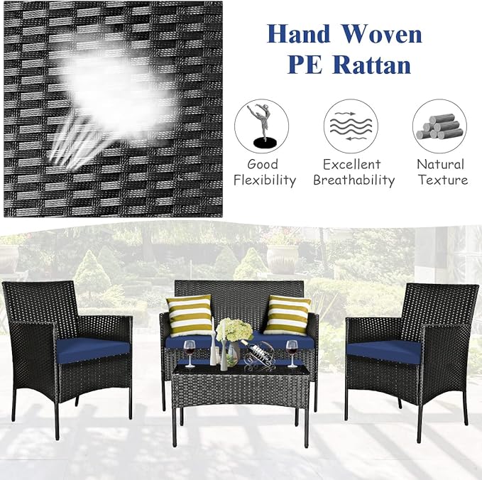 Tangkula 4 Piece Patio Furniture Set, Outdoor Wicker Conversation Set with Tempered Glass Coffee Table, Rattan Loveseat & Chairs Set with Seat Cushions for Backyard, Garden, Poolside (1, Navy)