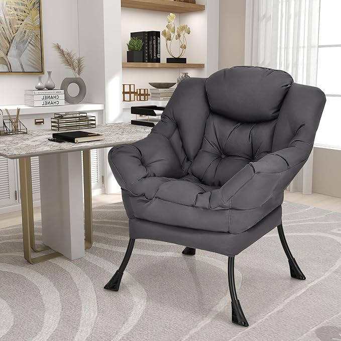 GORELAX Modern Lazy Chair,Upholstered Lounge Accent Chair, Single Leisure Sofa Chair with Armrests & Side Pocket, Comfy Reading Chair for Bedroom, Living Room, Dorm Room (Grey)
