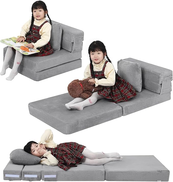 MeMoreCool Foldable Futon Chair Bed for Kids, Grey Tri-fold Convertible Toddler Sofa Mattress, Foam Floor Couch for Sitting
