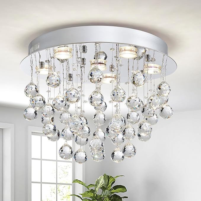 Saint Mossi 6-Lights Modern Chandelier K9 Crystal Lighting Fixture,Modern Flush Mount Ceiling Light Fixtures Raindrop Chandelier for Bedroom,Dining Room, Living Room, H13 x D20