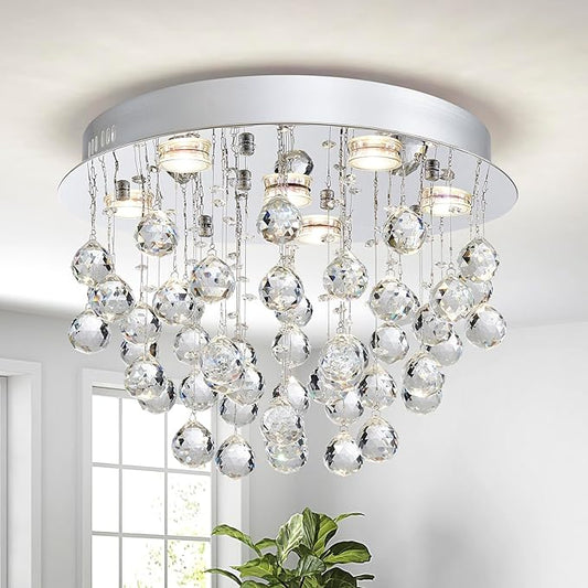 Saint Mossi 6-Lights Modern Chandelier K9 Crystal Lighting Fixture,Modern Flush Mount Ceiling Light Fixtures Raindrop Chandelier for Bedroom,Dining Room, Living Room, H13 x D20