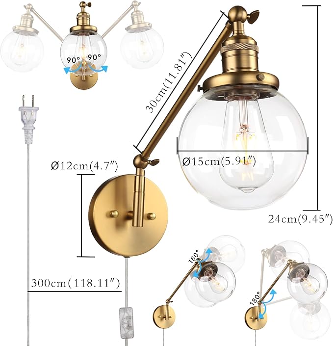 PERMO Plug in Wall Sconce Swing Arm Wall Lamp Industrial Sconce with 5.9" Glass Globe Shade Antique Gold Sconce for Bedroom, Living Room, Office