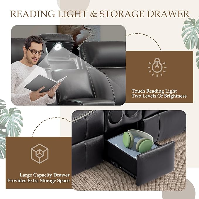 Power Reclining Loveseat with LED Reading Light/Bluetooth Speakers/Storage Drawer, Power Loveseat Recliner Sofa Wall Hugger Reclining Loveseat for Living Room(Black, 2 Seat with Console) | Outlets, USB & Type-C Ports