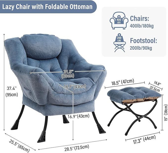Lazy Chair with Ottoman, Modern Chair with Folding Footrest, Plush Light Blue Accent Chair, Comfortable Reading Chair, Oversized Armchairs for Bedroom, Study, Living Room, Courtyard