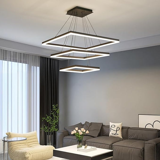 Modern LED Chandelier, Black Square Chandelier, 3 Rings Ceiling Pendant Light with Remote Control, Modern Chandelier Lighting for Bedrooms Dining Rooms