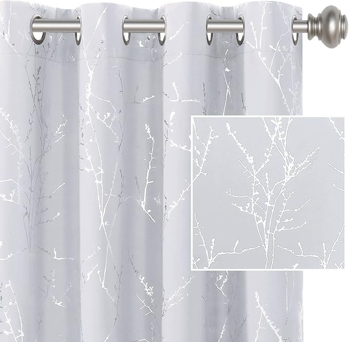 H.VERSAILTEX Blackout Curtains for Bedroom Foil Print Twig Tree Branch Thermal Insulated Grommet Curtains Light Blocking Thick Soft Window Curtains for Living 52 x 84 Inch, 2 Panels, Greyish White