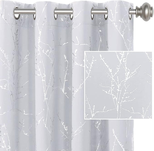 H.VERSAILTEX Blackout Curtains for Bedroom Foil Print Twig Tree Branch Thermal Insulated Grommet Curtains Light Blocking Thick Soft Window Curtains for Living 52 x 84 Inch, 2 Panels, Greyish White