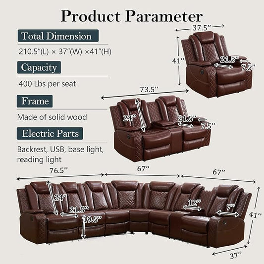 Power Recliner Sectional Sofa Set, Brown Leather Sectional Couch, Loveseat and Chair for Living Room, L Shape Reclining Sofa with Cup Holder, Hidden Storage, Coffee Table for House(9 Seat)