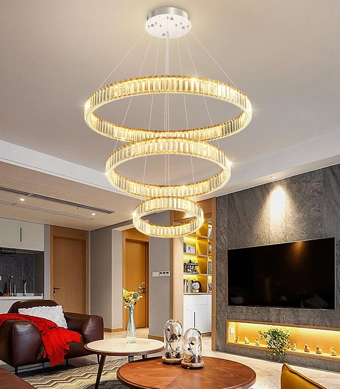 24''+16''+8'' Modern Ring Chandelier Crystal Chandeliers for Dining Room Round LED Dimmable Ceiling Light Fixture for Living Room Bedroom Lighting Silver