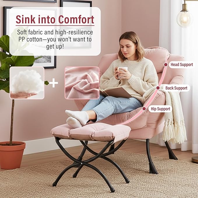 Lazy Chair with Ottoman, Modern Chair with Folding Footrest, Velvet Pink Accent Chair, Comfortable Reading Chair, Oversized Armchairs for Bedroom, Study, Living Room, Courtyard