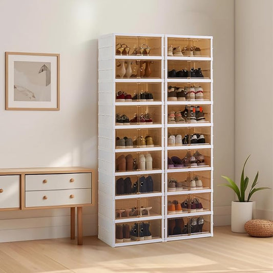 SAYMA Collapsible Shoe Rack Organizer Foldable Shoe Shelves, Plastic Large Folding Shoe Cabinet with Door, Easy Assembly Shoe Cabinet for Entryway (2 x 9 Tiers-18 Pairs)