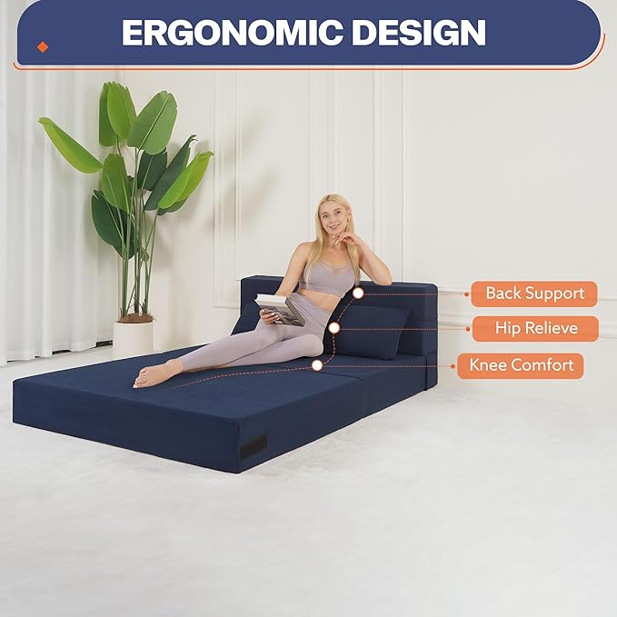 Fvkind Folding Sofa Bed, 4 in 1 Convertible Sleeper Sofa Bed Chair with Pillow, Twin Memory Foam Loveseat Futon Sleeper Chair, Foldable Futon Couch for Living Room, Bedroom, Guest Room, Blue