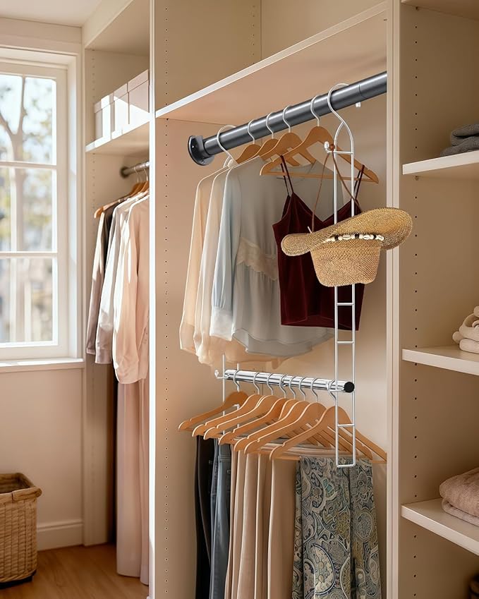 Hanging Closet Rod Stainless Steel, 1 Pack Adjustable Height & Width Closet Rod Extender, Space-Saving Closet Hanging Storage Organizer，Load up to 88LB