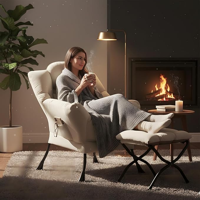 Lazy Chair with Ottoman, Comfy Fabric Accent Lounge Arm Chair with Lumbar Pillow and Folding Footrest, Reading Leisure Sofa Chair for Bedroom, Living Room, Dorm,Beige