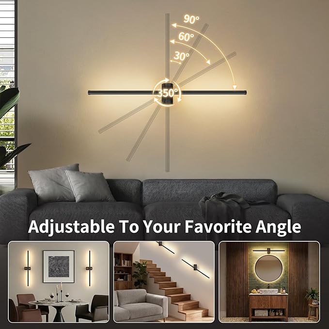 ONEWISH Battery Operated Wall Sconces Set of 2, 27.75" Rechargeable Wall Lights with Remote & Removable Battery, 3-Color Dimmable Wireless Sconces for TV Wall Decor, Picture Light, Bedroom, Black