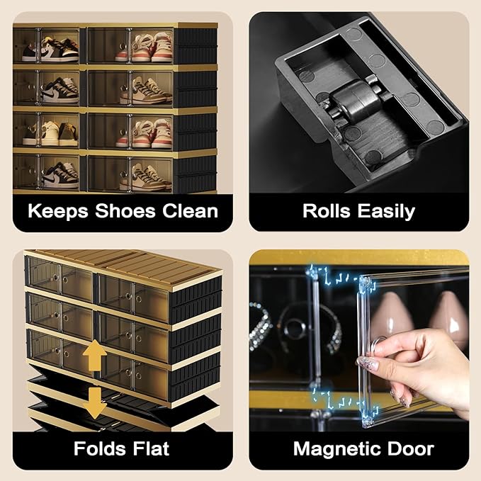 Foldable Shoe Rack Organizer 9 Tiers 36 Pairs Shoe Shelf with Doors, Large Collapsible Shoe Cabinet, Folding Plastic Storage Boxes, Easy Assembly Shoe Storage Bins for Entryway, Black Gold