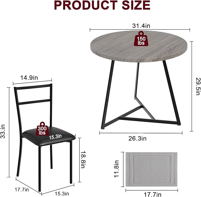 Dining Table and Chairs for 2, Round Dining Room Set with 2 Placemats, 3 Piece Set for Small Spaces, Rustic Gray