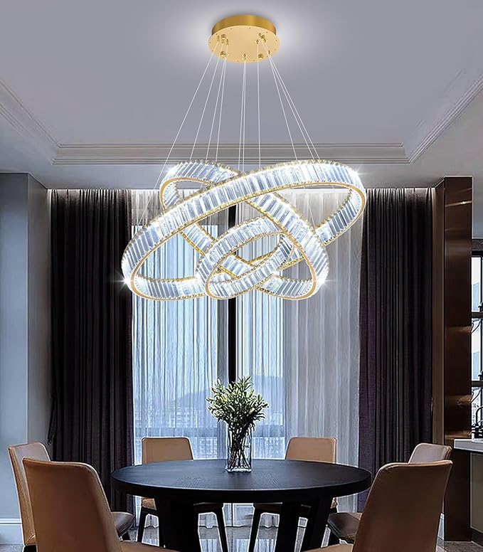 8''+16''+24'' Modern Ring Chandelier Crystal Chandeliers for Dining Room Round LED Dimmable Ceiling Light Fixture for Living Room Bedroom Lighting Gold